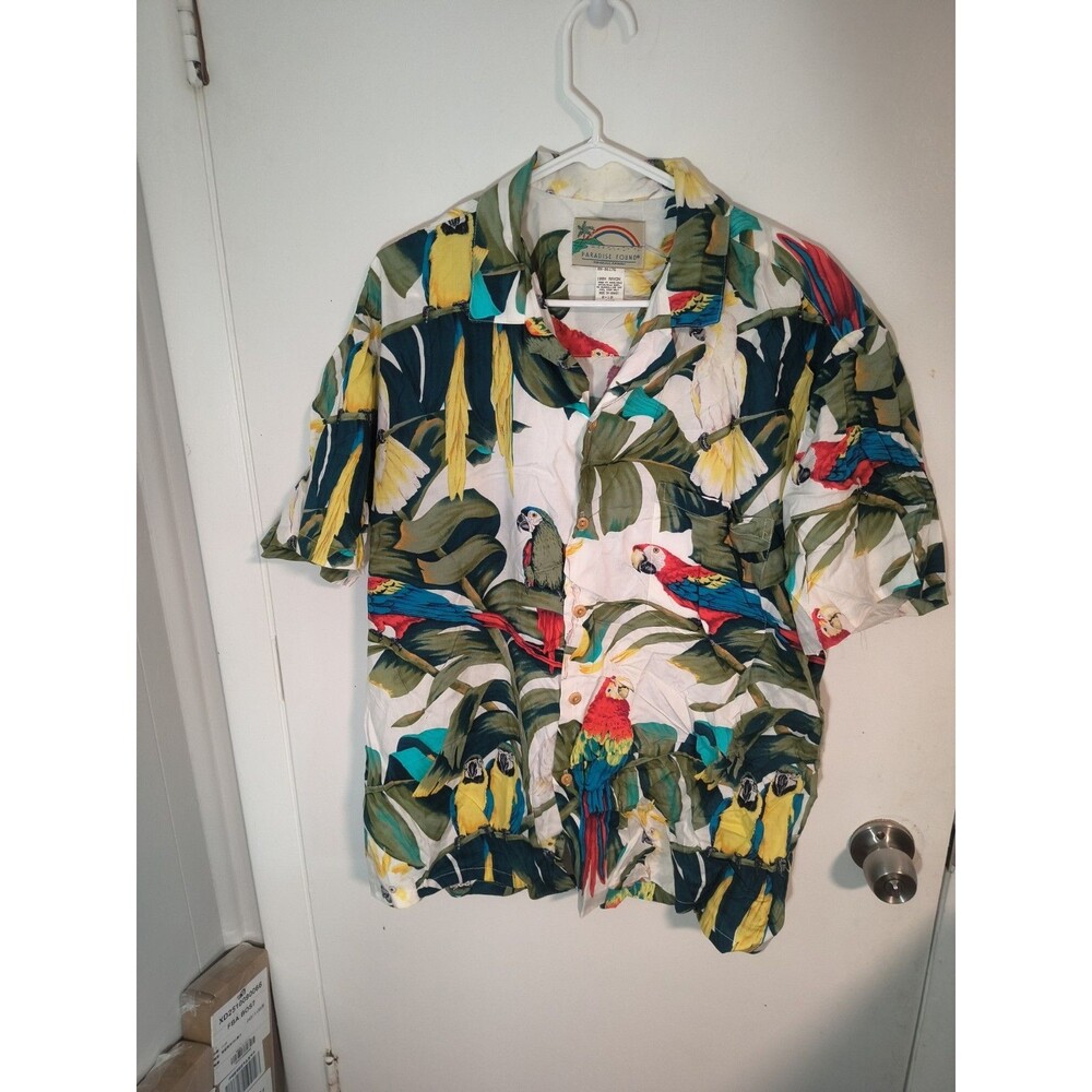 Vintage Paradise Found Shirt Mens Hawaiian Floral Jungle Bird Parrot Size Large